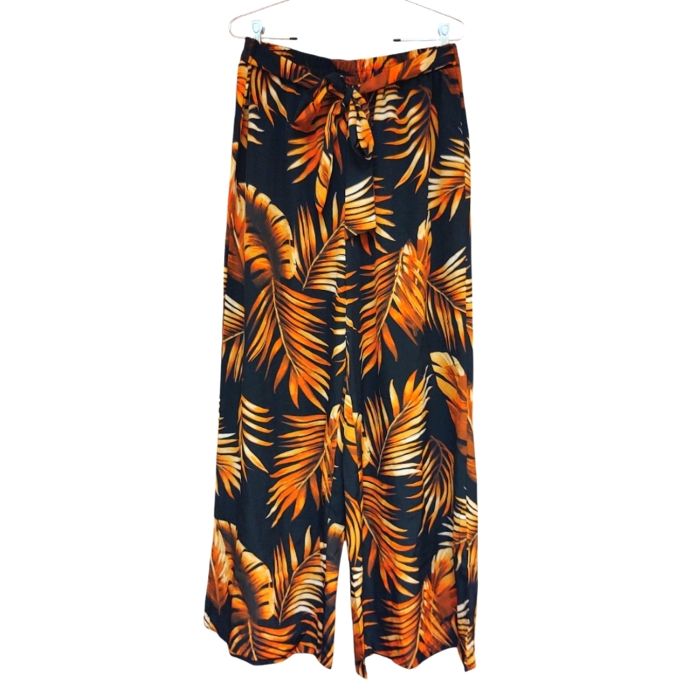 EUC SHEIN Black and Orange Leaf Print Wide Leg Pants Size XL